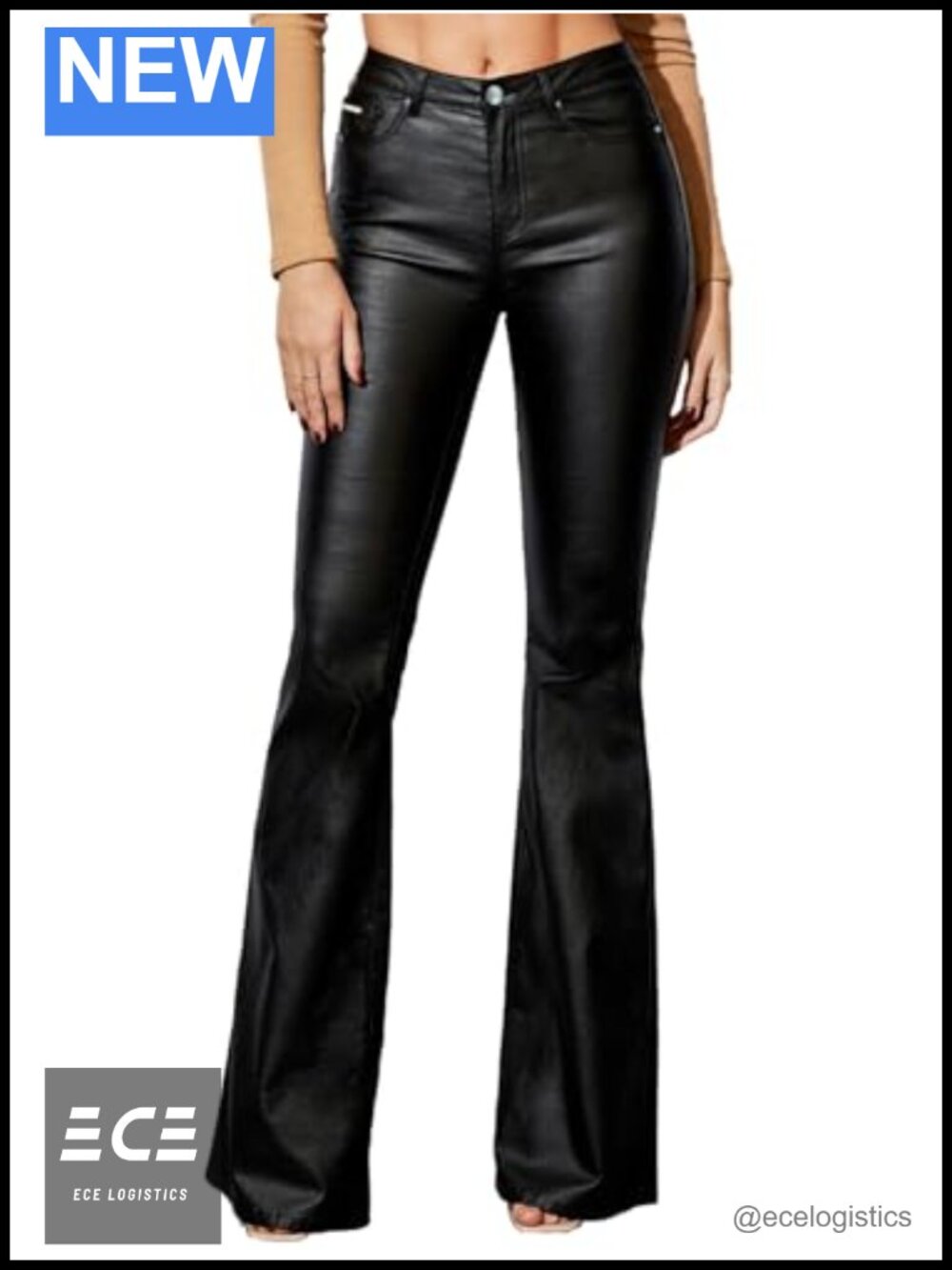 Faux Leather Flare Pants Mid Waist PU Coated Bell Bottom Leggings with Pockets